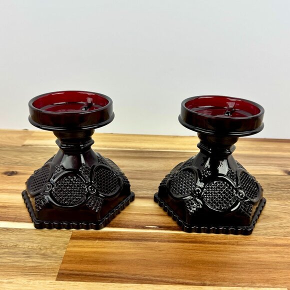 Vintage Avon Cape Cod Collection Ruby Pillar Candle‎ Holders/Pedestal Candy Dish - Picture 1 of 5